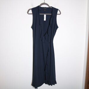 J Crew Sleeveless Ruffle Wrap Dress Womens Medium Navy Blue Preppy Classic Tie